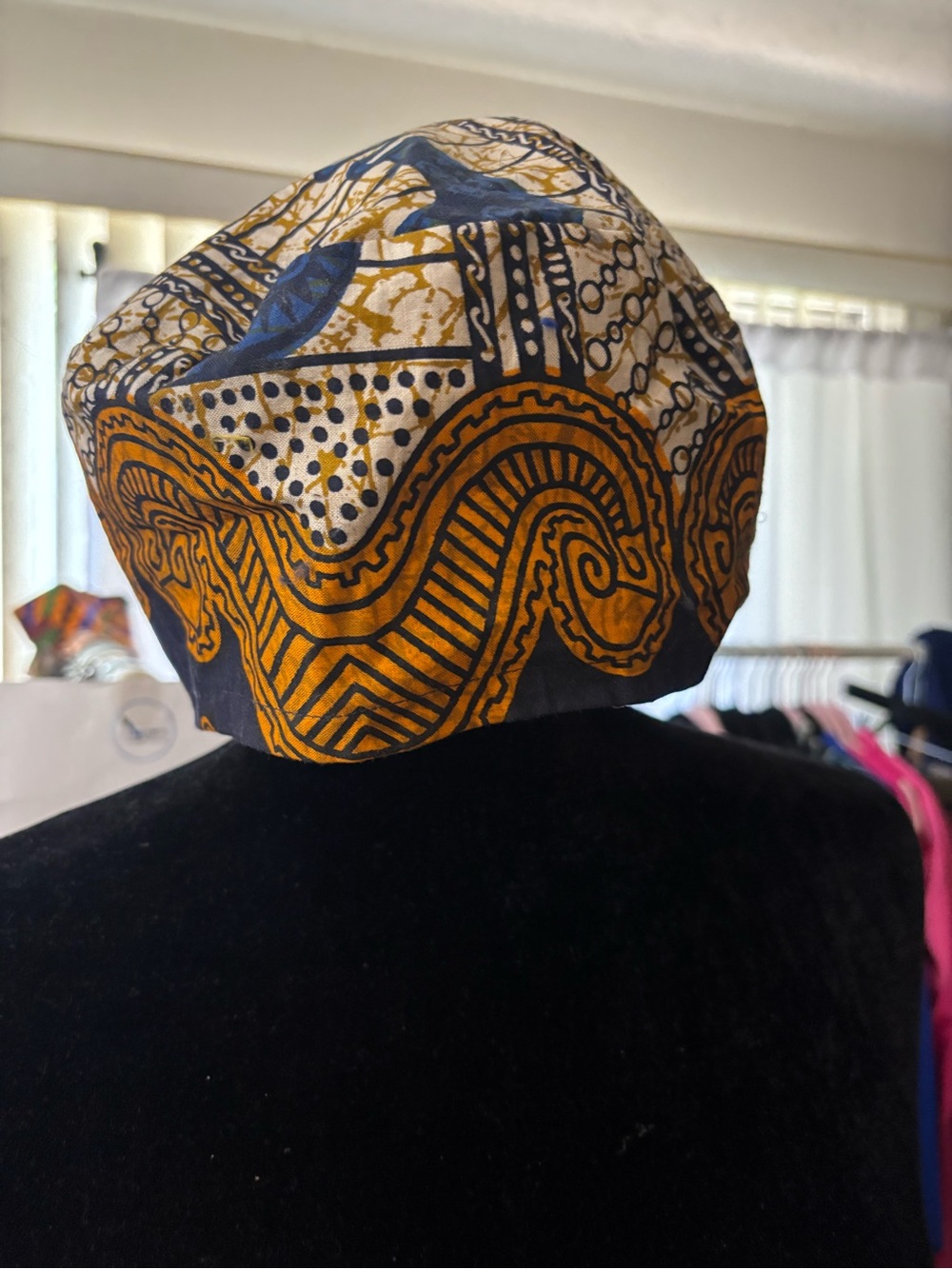 Reversible Patterned African print Kufi hat- Blue and Mustard
